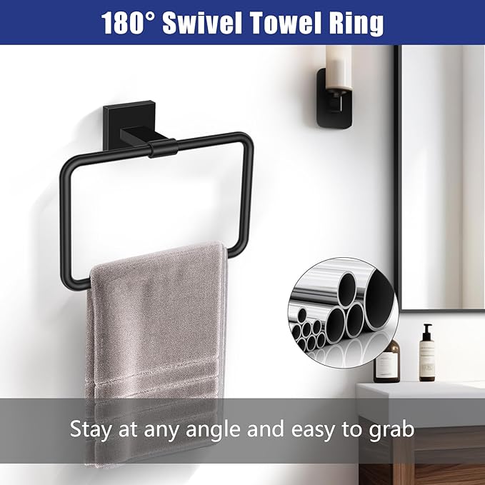 TNOMS 5 Pieces Matte Black Bathroom Hardware Set Black Towel Bar Set for Bathroom SUS304 Stainless Steel Wall-Mounted Towel Racks Set 23.6 Inch