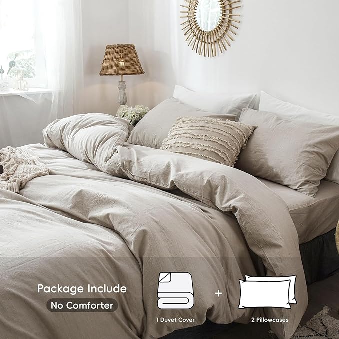 MooMee Bedding Duvet Cover Set 100% Washed Cotton Linen Like Textured Breathable Durable Soft Comfy (Heathered Tannish Linen Grey, Oversized Full 82"x86")