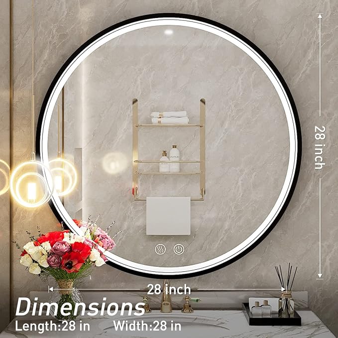28" Round LED Bathroom Mirror, Dimmable Anti-Fog Vanity Mirror with Touch Control, 6000K Natural Light, Black Metal Frame, Wall Mounted for Makeup Shaving (IP54, 90+ CRI)