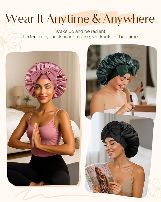 YANIBEST Silk Hair Bonnet for Sleeping, Double Layer Hair Bonnet with Elastic Tie Band for Curly Natural Hair Reduce frizz