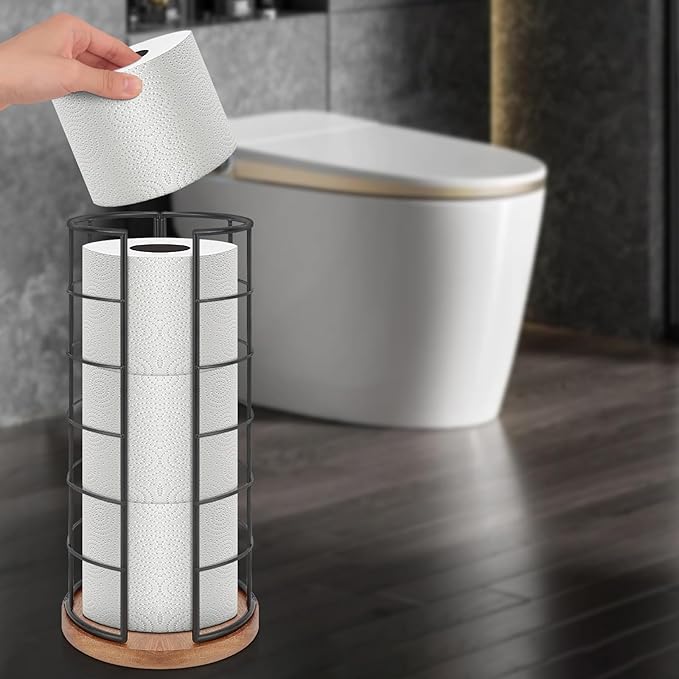 NearMoon Toilet Paper Organizer Stand, Freestanding 3 Rolls Tissue Storage, Metal Bathroom Accessory, Rustproof Toilet Roll Holder for Kitchen Countertop Inside Cabinet Shelf(Wooden Base, Matte Black)