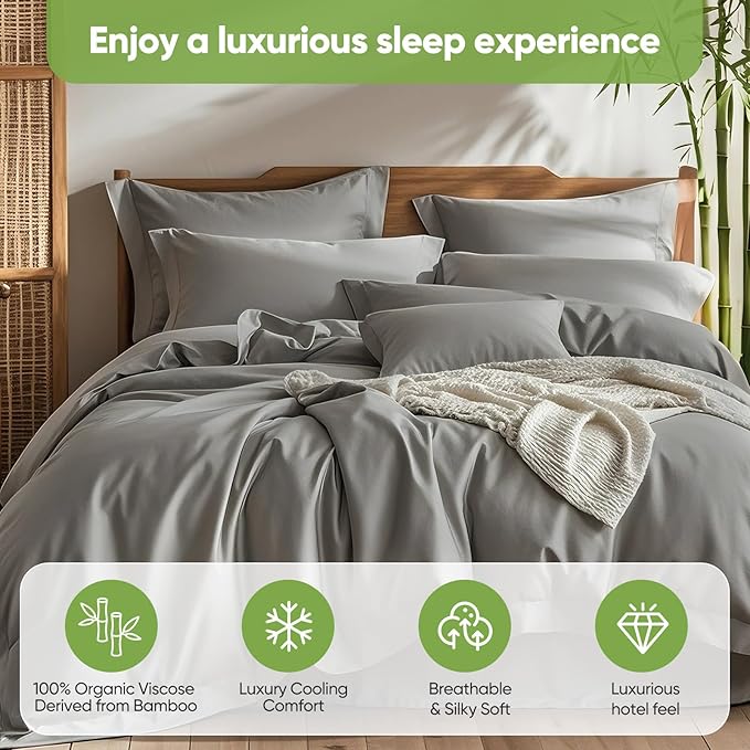 TWK Luxury Sheet Set, Genuine 100% Viscose Derived from Bamboo, Cooling & Breathable, Silky Soft, Bedding Sheets & Pillowcases (Gray, Full)