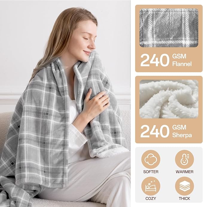 Heated Blanket Electric Twin, Heating Blanket with 8 Fast Heating Levels & 10 Hours Auto Shut-Off, Grey White Plaid Washable Warm Soft Flannel Blanket Gift for Couch Bed Office, ETL Certified