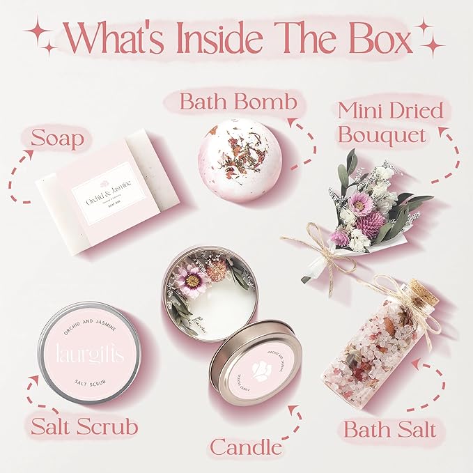 Birthday Gifts for Women – Luxury Bath Sets & Self Care Box – Christmas Gifts for Women – Small Orchid & Jasmine Spa Basket for Mom, Sister, or Friend