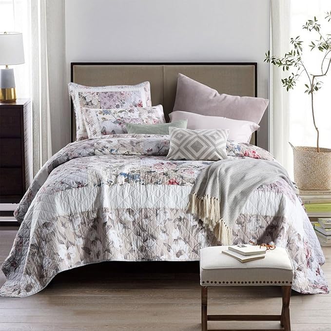 Cotton Bedspread Quilt Bedding Sets 3 Pieces Reversible Coverlet Sets Comforters Vintage Floral Patchwork White Bedspread, Queen Size