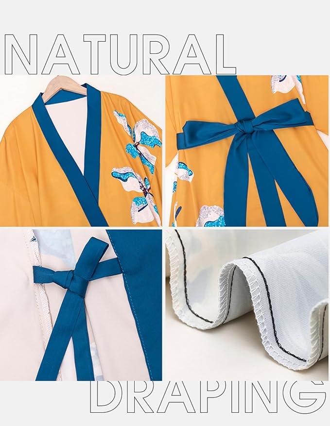Silk Satin Robe for Women Long Japanese Kimono Robe Lightweight Soft Bathrobe Floral Luxury Dressing Gown