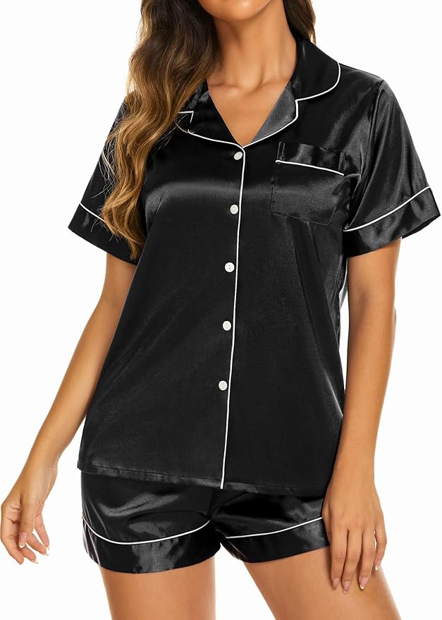 Ekouaer Pajamas for Women Set Silk Satin Pjs Shorts Sleepwear 2 Piece Loungewear S-XXL