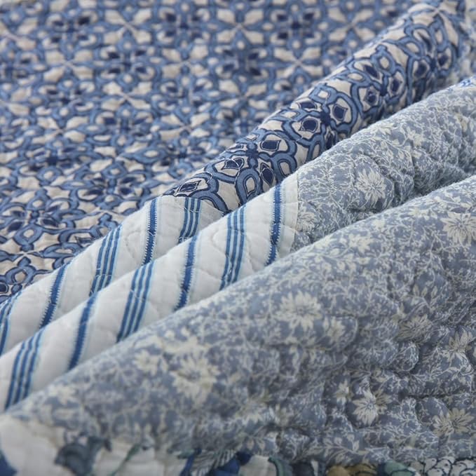 Cotton Bedspread Quilt Bedding Sets 3 Pieces Reversible Coverlet Sets Comforters Vintage Floral Patchwork Blue Bedspread (Blue Vintage Floral, King Size)