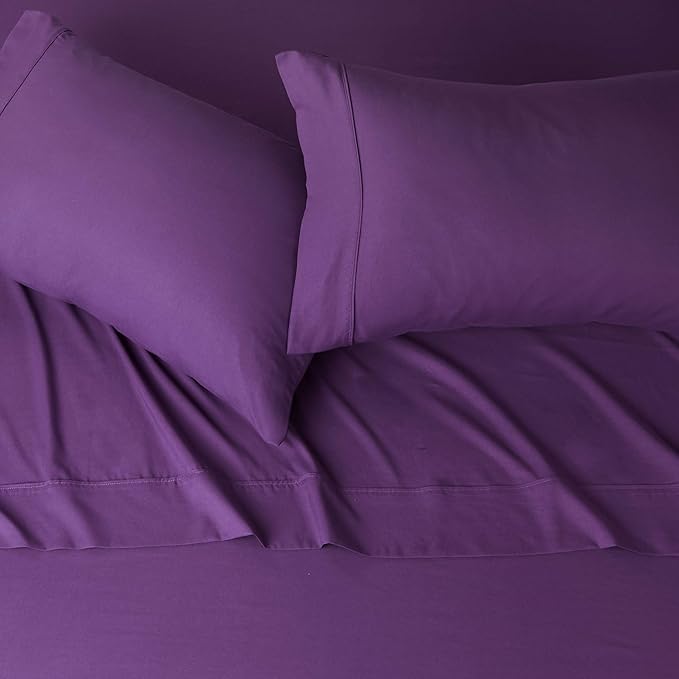 Amazon Basics Lightweight Super Soft, Comfortable Easy Care Microfiber 4 Piece Bed Sheet Set with 14-Inch Deep Pockets, Queen, Plum, Solid