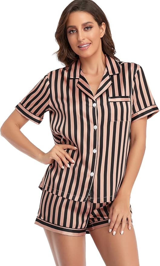 Women's Satin Pajama Set 2-Piece Sleepwear Loungewear Button Down Short Sleeve Silky PJ Set