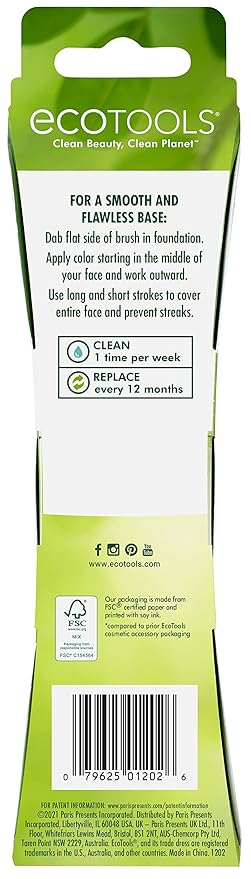 EcoTools Classic Foundation Face Brush, For Liquid, & Cream Foundation, Flat Foundation Brush, Makeup Brush For Natural Makeup, Buildable Coverage, Synthetic Bristles, Cruelty- Free, 1 Count