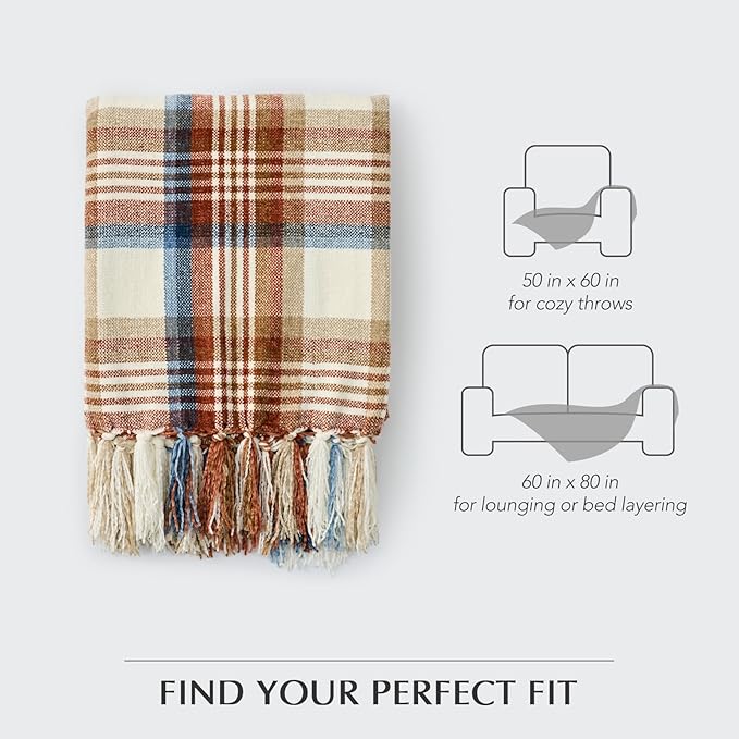 EVERGRACE Plaid Chenille Throw Blanket for Couch, Super Soft Cozy Decorative Fall Throw with Tassels for Bed Sofa Farmhouse Decor, Lightweight Harvest Plaid Throw for Autumn, 50"x60"