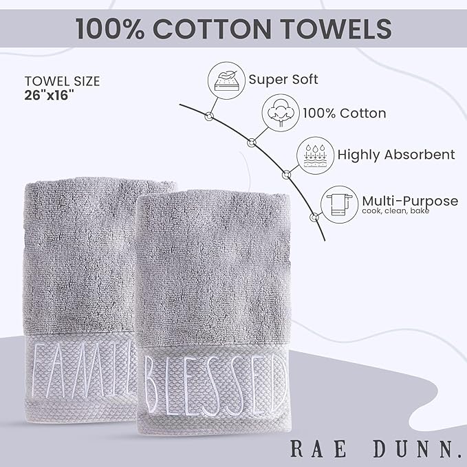 Rae Dunn Hand Towels, Embroidered Decorative Hand Towel for Kitchen and Bathroom, 100% Cotton, White- Blessed/Family, 16"x 28"