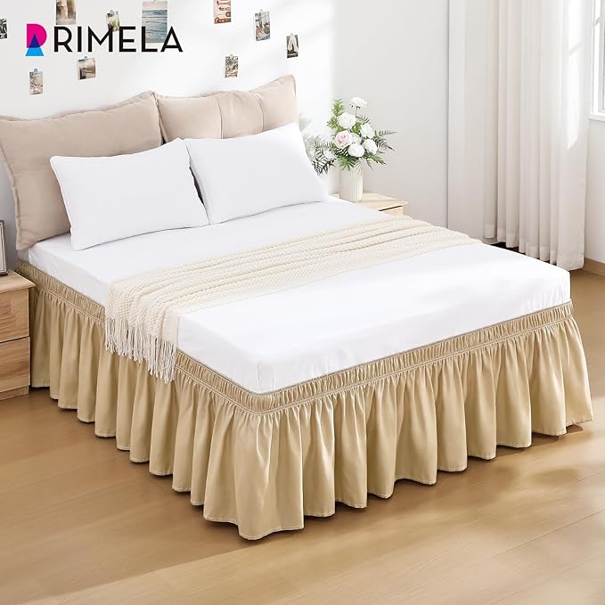 RIMELA Beige Bed Skirt King Size 18 Inch Drop, Wrap Around Elastic Bedskirt, Dust Ruffle for Adjustable Bed Base Machine Washable Easy to Install Bed Skirts