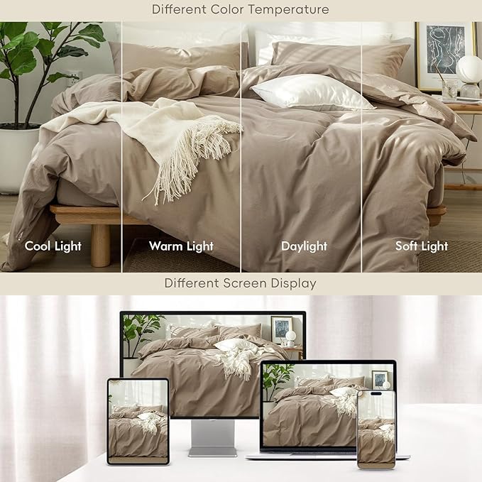 MooMee Bedding Duvet Cover Set 100% Washed Cotton Linen Like Textured Breathable Durable Soft Comfy (Solid Mocha Brown, Twin 68"x90")