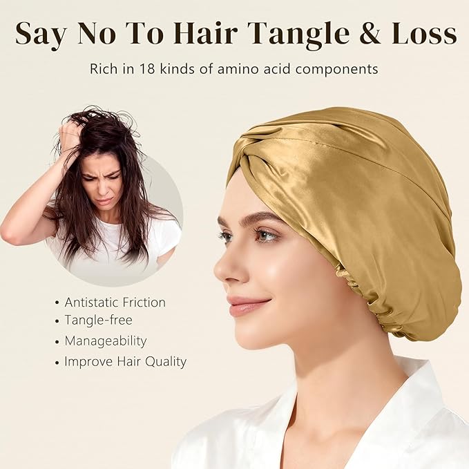 ZIMASILK 22 Momme 100% Mulberry Silk Bonnet for Sleeping & Women Hair Care, Highest Grade 6A Silk Hair wrap for Sleeping with Premium Elastic Stay On Head (1Pc, Golden)