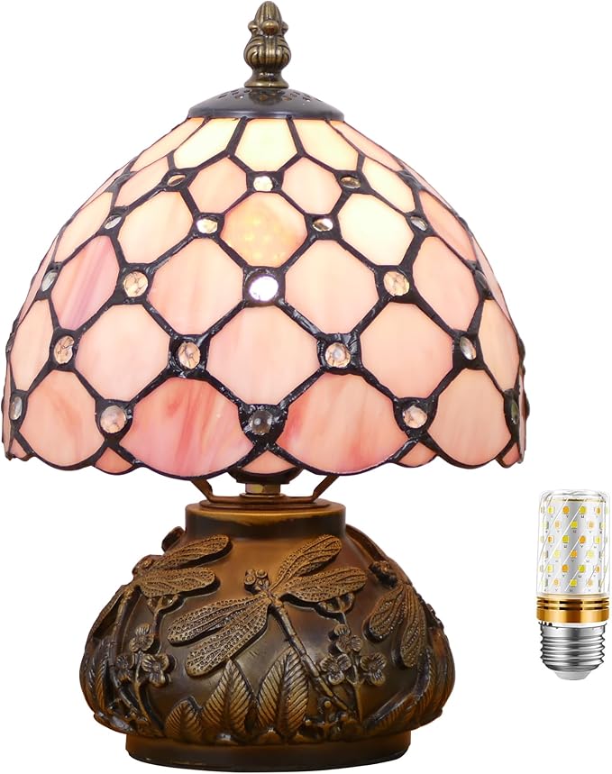 Small Tiffany Lamp Mini Stained Glass Table Lamp Pink Pearl Style Mushroom Accent Lamp 8X11 Inch