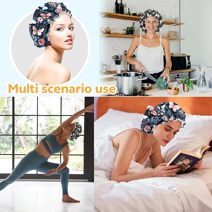 2 PCS Bonnets for Women Girls Satin Hair Bonnet Silk Adjustable Elastic Double Layer Hair Wrap Sleep Cap Comfort Cute-Flower Butterfly