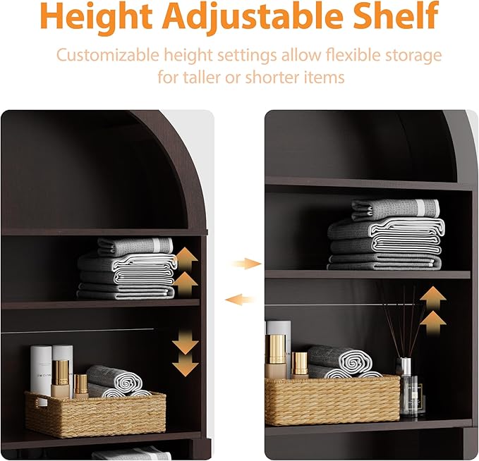 Over The Toilet Storage Cabinet, 23.7”W Modern Storage Cabinet Over Toilet with Acrylic Doors, Arched Freestanding Over Toilet Rack with Adjustable Shelf for Bathroom, Espresso