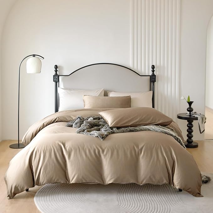 PURE ERA Duvet Cover Set Queen 800 Thread Count Long Staple Cotton Sateen Silky Soft Luxurious Smooth 3 Piece Set Dark Dessert Beige Queen
