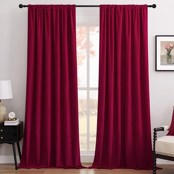 Joydeco Red 100% Blackout Curtains 96 Inch 2 Panels, Luxury Thermal Red Velvet Curtains for Bedroom Living Room, Soundproof Blackout Window Drapes, Rod Pocket & Back Tab (52W x 96L)