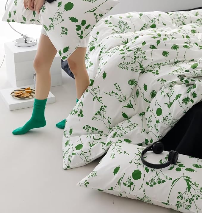 KAREVER Botanical Comforter Set Twin White and Sage Floral Plant Bedding Comforter Set Girls Blanket Rustic Leaf Blossom Women White Farmhouse Comforter Twin