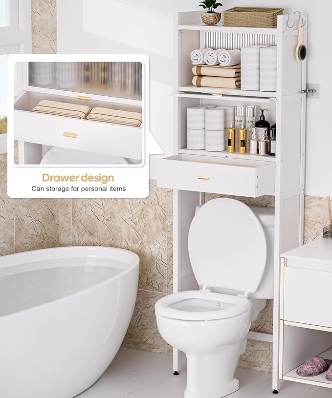 Over The Toilet Storage Shelf with Drawer, Above Bamboo Bathroom Organizer Cabinet with Anti-Tip and Waterproof Feet Pad Design, Freestanding Shelf for Bathroom (White)