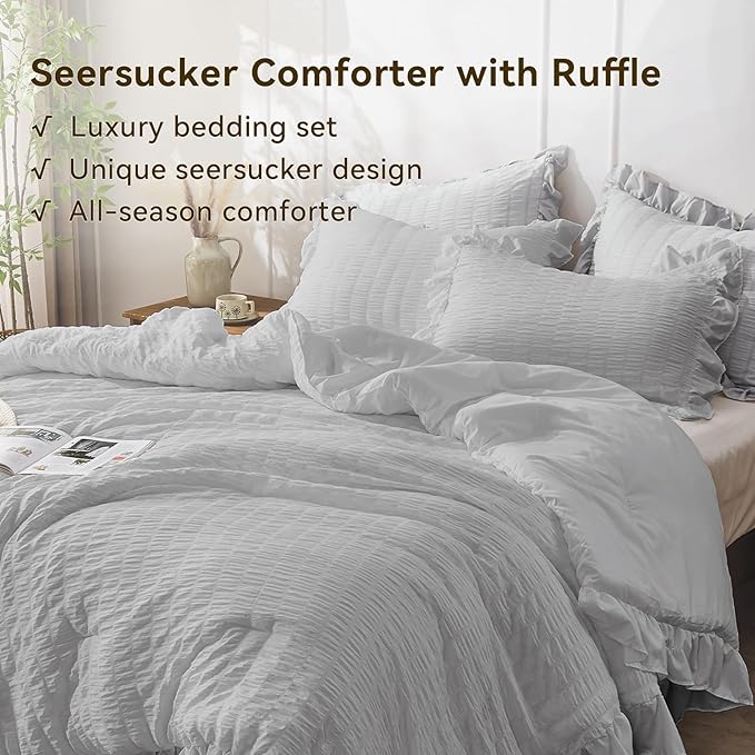 JOLLYVOGUE Light Grey King Comforter Set, 3 Pieces Seersucker Comforters King Size, Lightweight & Fluffy Bedding Sets King for All Season with 1 Ruffle Comforter and 2 Ruffle Pillowshams