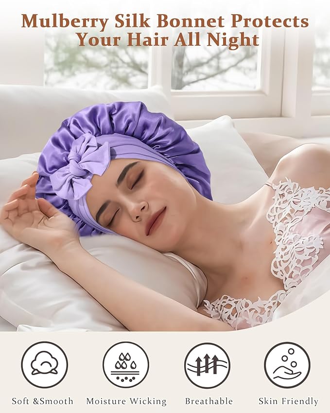 100% Mulberry Silk Bonnet for Sleeping Women Double Layer Silk Hair Bonnet Natural Silk Sleep Cap with Elastic Reversible Hair Wrap (Violet + Wisteria)
