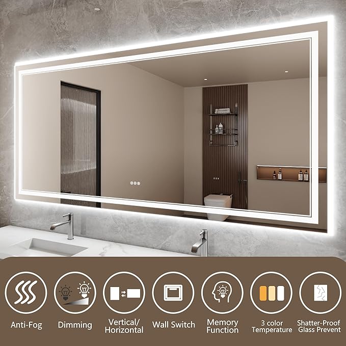 Bathroom Mirror with Lights 40"X84" with Front Light and Backlit, Tempered Glass, Wall Mount Horizontal/Vertical, Stepless Dimmable, 3 Colors, Anti Fog, Bathroom Memory LED Mirror