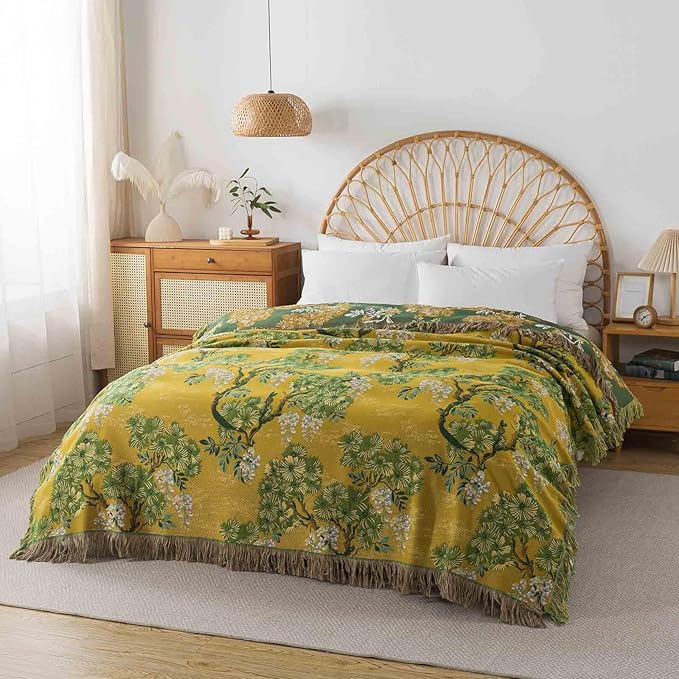 Qidordour Boho Throw Blanket, 80"x90" Muslin Blankets, 100% Organic Cotton Blanket for Couch Sofa, Lightweight Quilt with Tassel, All Season Bed Throw, Farmhouse Home Decor, A-Sophora Flower