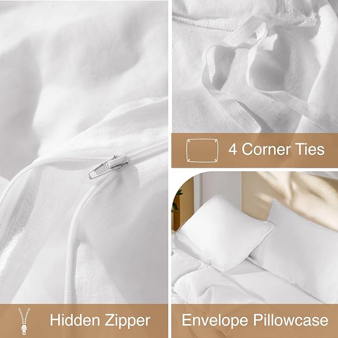SONORO KATE 100% French Linen Duvet Cover King Size, Soft Breathable for Hot Sleepers, Moisture Wicking & Durable Cover Set - Zipper Closure & 4 Corner Ties Duvet Covers 3 Piece (White,King)