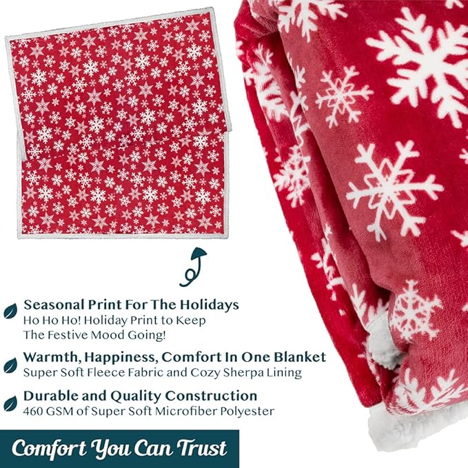 PAVILIA Premium Christmas Sherpa Throw Blanket | Red Snowflake Decoration, Fleece, Plush, Warm, Cozy Reversible Microfiber Holiday Blanket 50 x 60