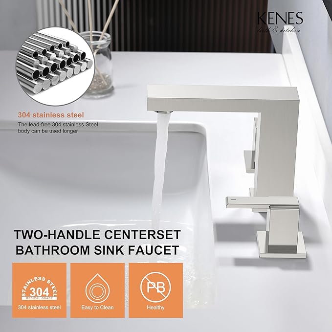 KENES Brushed Nickel Widespread Bathroom Faucet 2 Handle Bathroom Sink Faucet 3 Hole, 8-Inch 3 Pieces Vanity Faucet with Pop Up Drain & Supply Lines, KE-9050-P