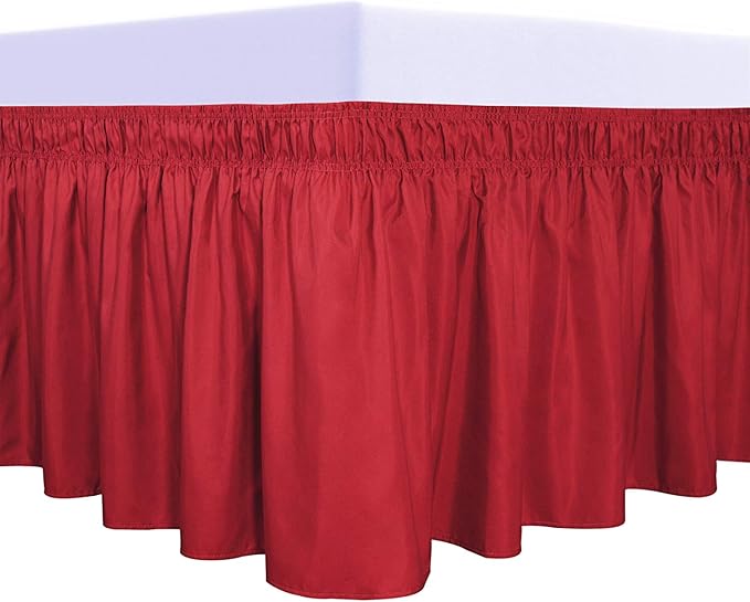 PureFit Wrap Around Ruffled Bed Skirt with Adjustable Elastic Belt - 18 Inch Drop Easy to Put On, Wrinkle Free Bedskirt Dust Ruffles, Bed Frame Cover for Twin,Twin XL and Full Size Beds, Red