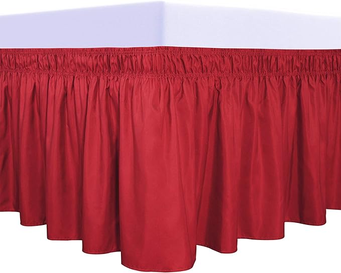 PureFit Wrap Around Ruffled Bed Skirt with Adjustable Elastic Belt - 14 Inch Drop Easy to Put On, Wrinkle Free Bedskirt Dust Ruffles, Bed Frame Cover for Queen, King and C-King Size Beds, Red