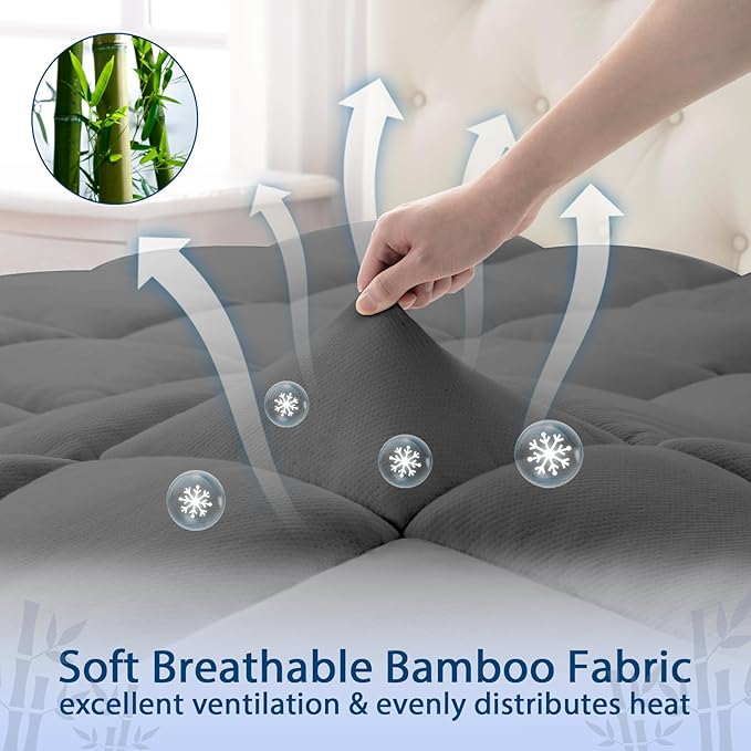 ELEMUSE Twin XL Grey Cooling Bamboo Viscose Mattress Topper for College Dorm, Extra Long Twin Mattress Pad Cover for Back Pain, Soft Pillowtop with Deep Pocket, Overfilled Down Alternative Filling