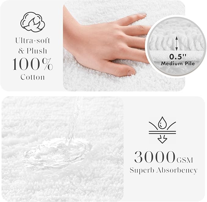 Madison Park Splendor Reversible 100% Cotton Tufted Bathroom Rug-3000 GSM Hotel Quality Luxurious Plush Medium Pile Bath Mat Absorbent, Quick Dry, Shower Room Décor, 24x72, White