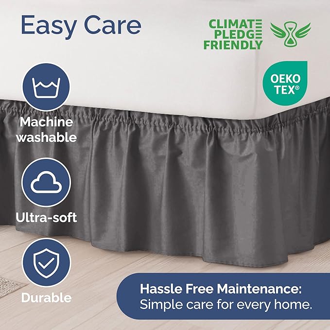 Wrap Around Dust Ruffle Bed Skirt - Dark Grey - for King Size Beds with 15 Inch Drop - Elastic Strap - Adjustable Pleated Bedskirt with Brushed Fabric and Wrinkle Free - for Women, Men, Kids & Teens