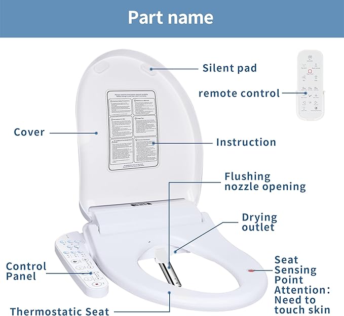 KERDE P30A Electric Bidet Toilet Seat with Auto Flush & Dual-Control (Remote+Panel) – Heated Seat, Warm Water Wash, Self-Cleaning Nozzle, Universal Fit for Elongated Toilets (Remote+Armrest)