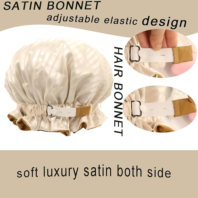 Satin bonnet 2PCS silk hair bonnet cap for women reversible for sleeping Adjustable Night sleep cap for curly natural hair double-layer and Washable Can Be Used Shower (Apricot &Blue stripe)