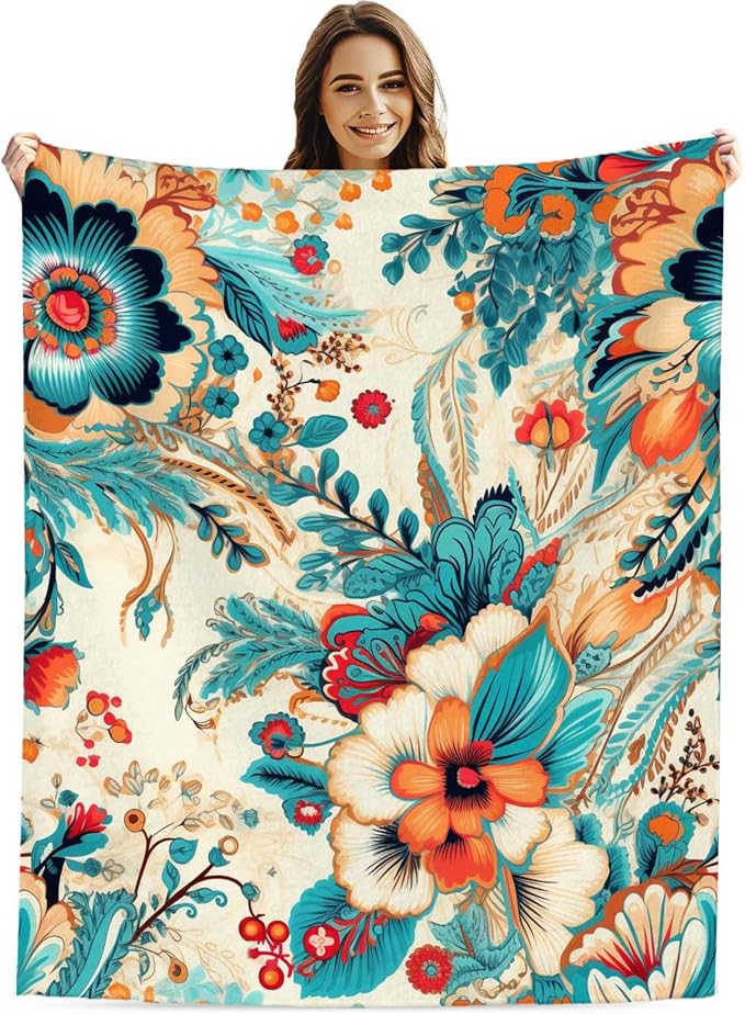 Floral Throw Blanket, Wild Flowers Blanket Gift for Women and Men, Lightweight Teal and Turquoise Fleece for Home Decor, Machine Washable, 50x60 Inches