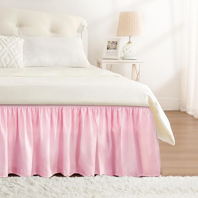 RIMELA Dusty Pink Bed Skirt Queen Size 15 Inch Drop, Wrap Around Elastic Bedskirt, Dust Ruffle for Adjustable Bed Base Machine Washable Easy to Install Bed Skirts