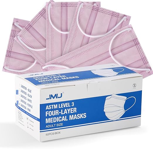 JMU 500 Pcs Pink Disposable Face Masks, 4-Ply Protection ASTM Level 3 Medical Face Masks for Adult
