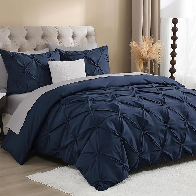 Litanika Navy Blue Pinch Pleat Duvet Cover Queen, 3 Pieces Pintuck Cover Soft Microfiber Bedding Set with Zipper Closure & Corner Ties(90x90Inch-1 Duvet Cover, 2 Pillowcases)