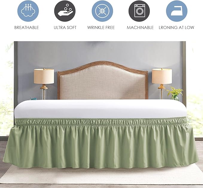 FreshCulture King Bed Skirt, Dust Ruffle for King Size Bed, Easy Fit with 15-Inch Tailored Drop, Elastic Wrap Around Bed Skirt King Size, Hotel Quality Bed Skirts for Adjustable Bed (Sage Green)