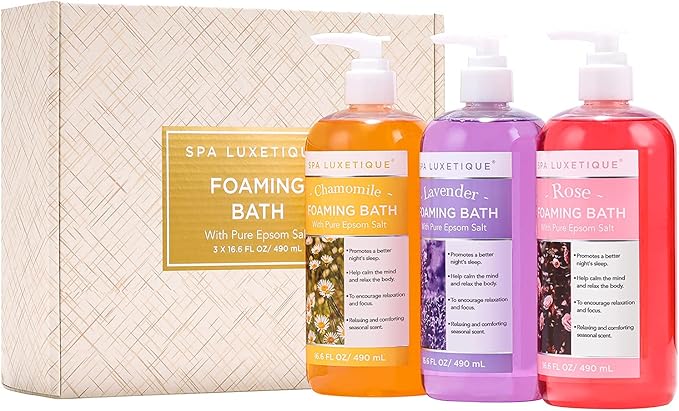 Spa Luxetique Bubble Bath, Foaming Bath with Epsom Salt, Chamomile Rose and Lavender Scent Bathing Set, 3 Pack 49.8 fl oz Christmas Gifts Set for Women and Men