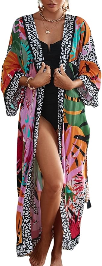 Women Casual Open Front Lightweight Cardigan Long Beach Kimono Cover Up