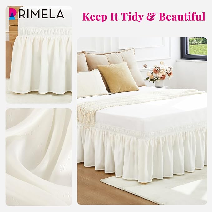 RIMELA White Bed Skirt Queen Size 15" Drop, Elastic Bedskirt for Box Spring & Adjustable Bed, Soft and Solid Fabric, Easy to Install Machine Washable Wrinkle & Fade Resistant, Warm White Dust Ruffle