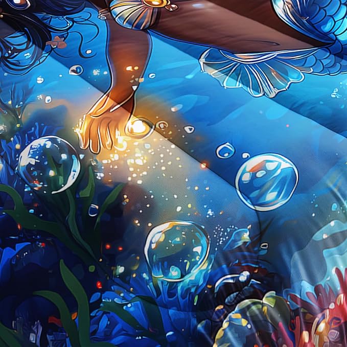 Black Little Mermaid Pattern Full Comforter Set,Underwater World Ocean Themed Bedding Sets for Kids Toddlers Girls Boys Room Decor,Princess Bedding with 2 Pillowcases.